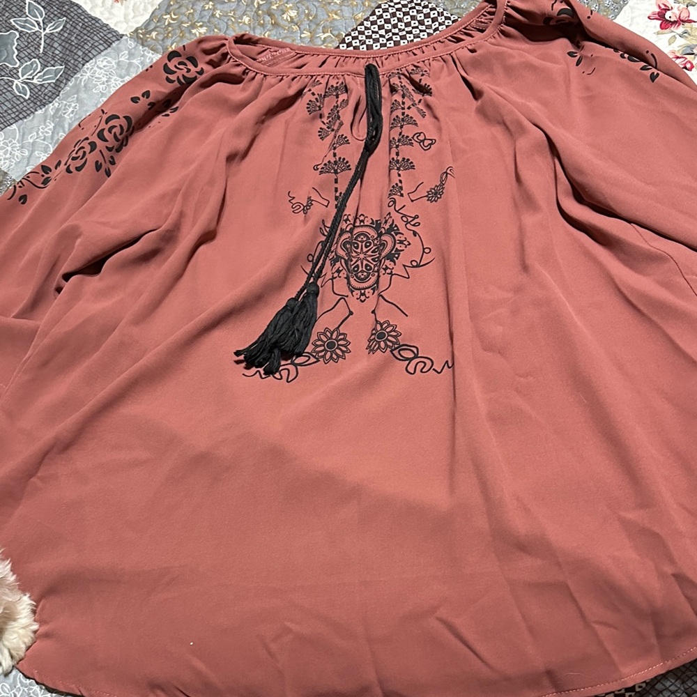 SHEIN Rust Blouse with Black Embroidery